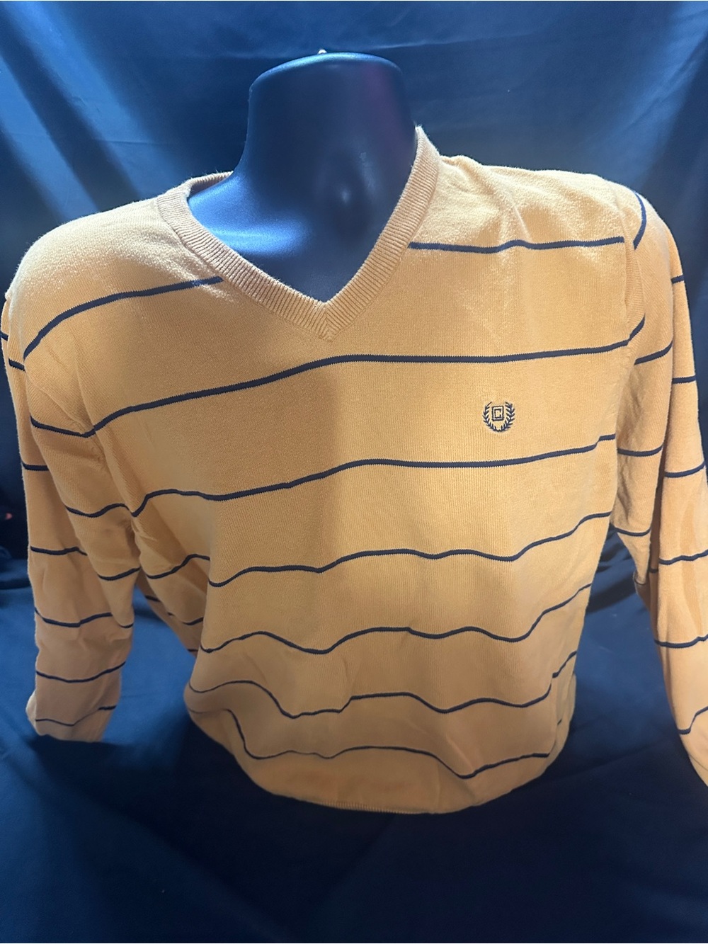 Men's Mustard V-Neck Striped Sweater-Ralph Lauren-size L-#560